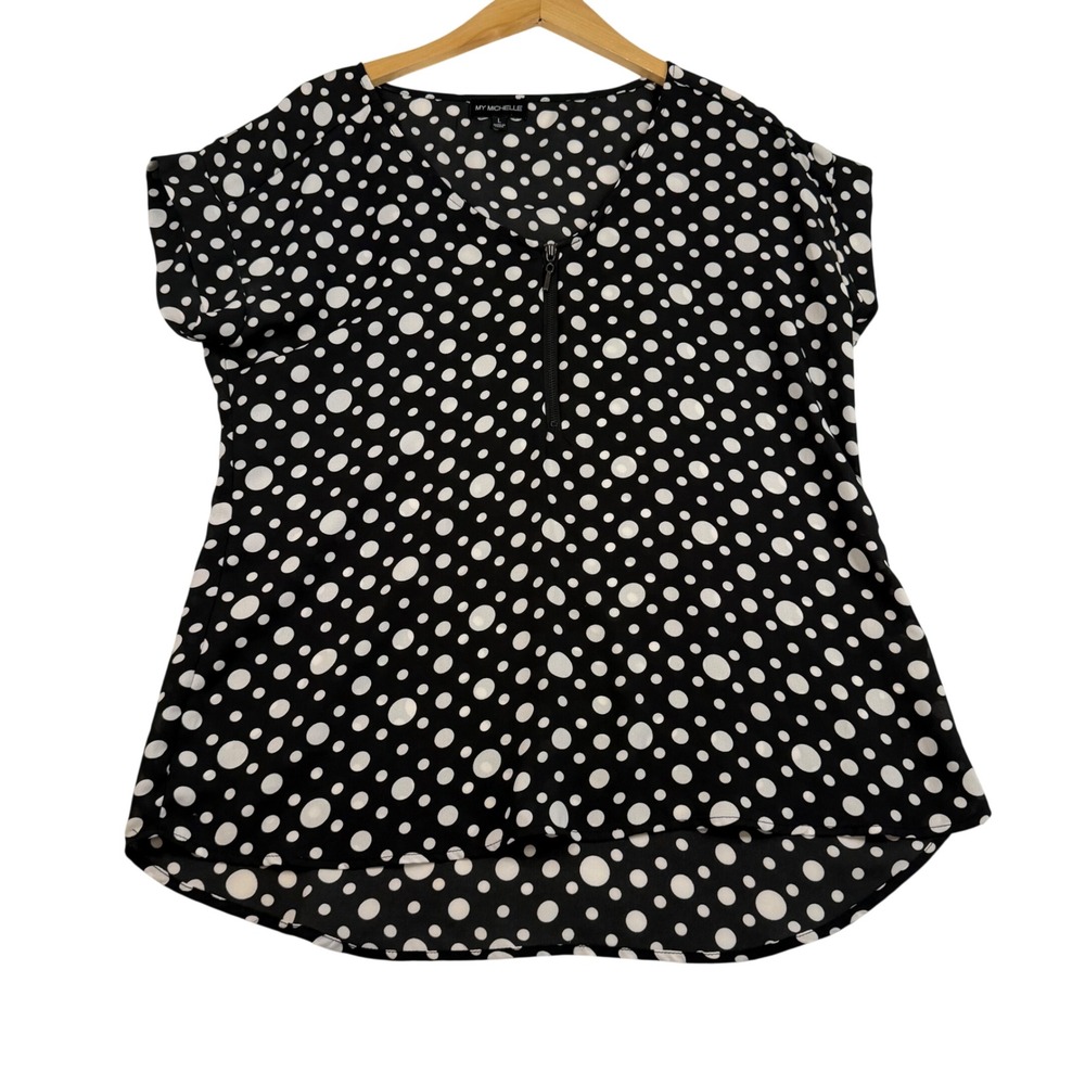 My Michelle Womens Black White Polka Dot Zip V-Neck Blouse Large K3352PTRJ